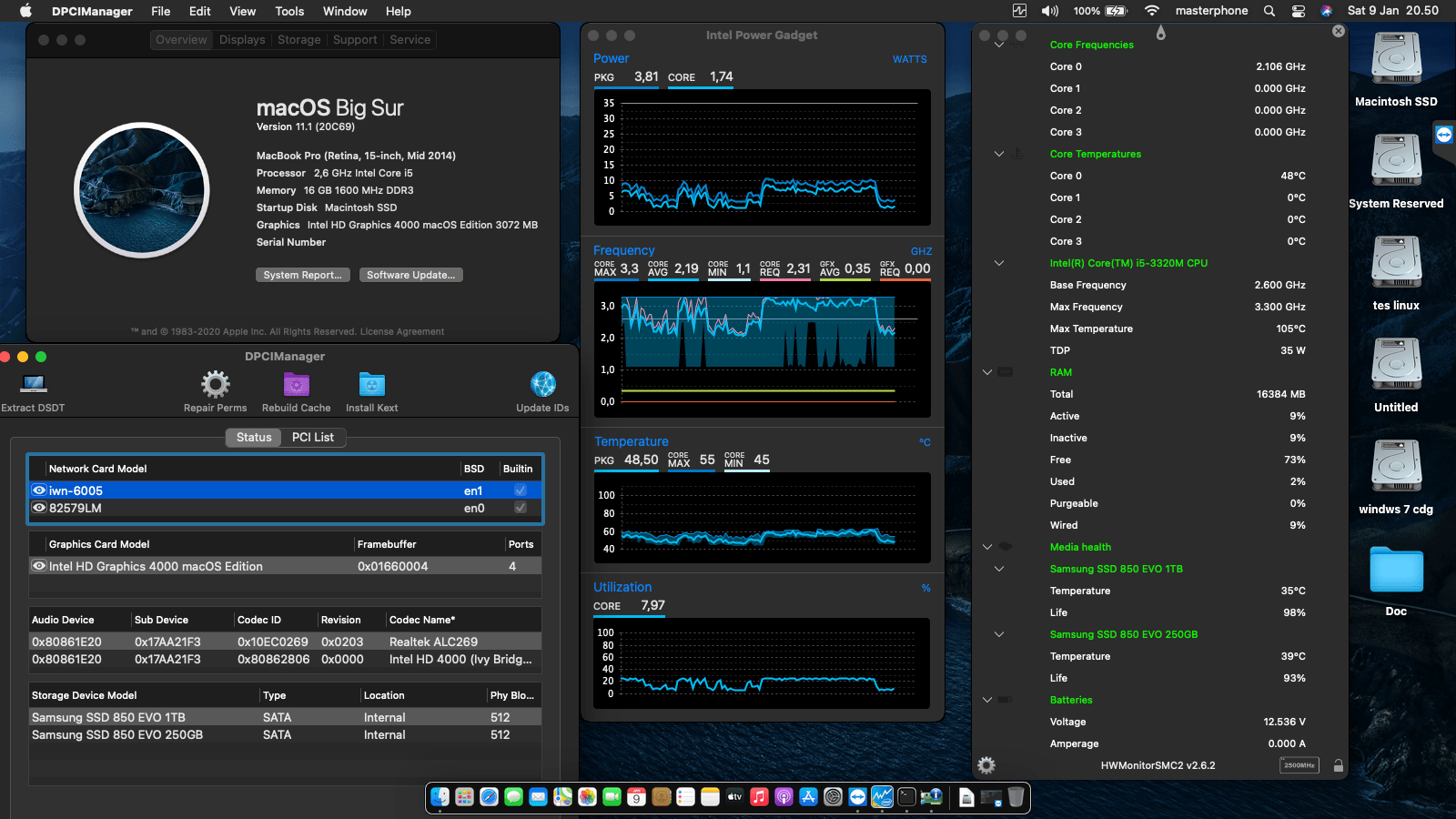 Success Hackintosh macOS Big Sur 11.1 Build 20C69 at Lenovo Thinkpad T430